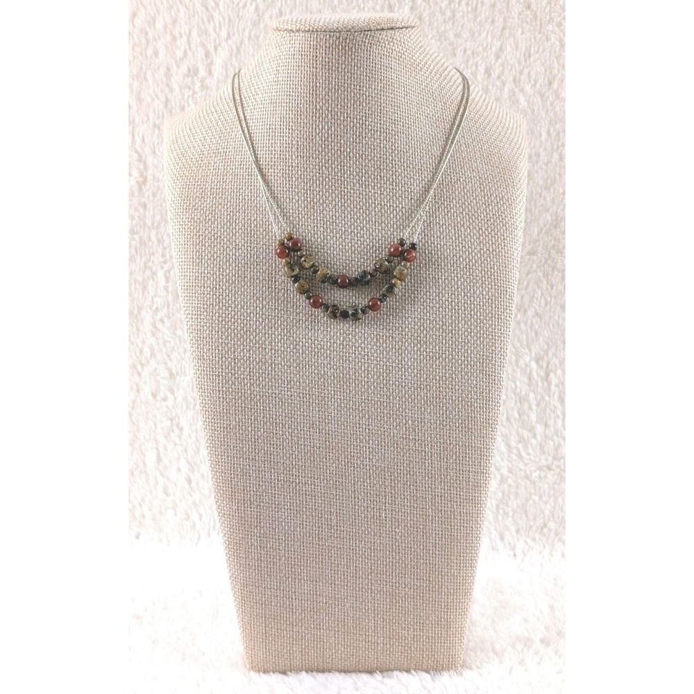 Natural Jasper & Red Agate Beaded Double Strand Necklace, Pailwed 925 Clasp, 18"